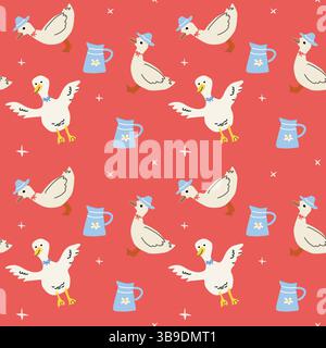 Whimsical cottage decor with ducks and jugs pattern on red background. Stock Vector