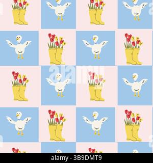Whimsical cottage decor pattern with ducks and flower-filled boots. Stock Vector