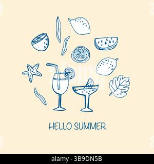 Hand-drawn summer icons: cocktails, citrus fruits, starfish, tropical leaves. dolce vita summer doodle vector illustration. Italian style. Stock Vector
