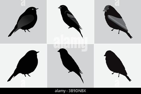 Six Minimalist Black Bird Silhouette Illustrations: Vector Icons for Web and Print Design, Black Bird Silhouettes Vector Set: Includes Finch, Sparrow, Stock Vector