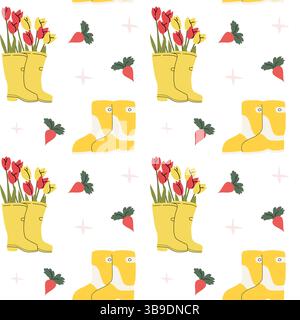 Spring garden pattern with yellow boots and tulips for cottage decor. Stock Vector