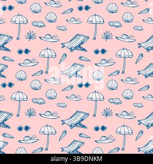 Seamless beach pattern with umbrellas, sunglasses, and shells on pink background. dolce vita summer doodle vector illustration. Italian style. Stock Vector