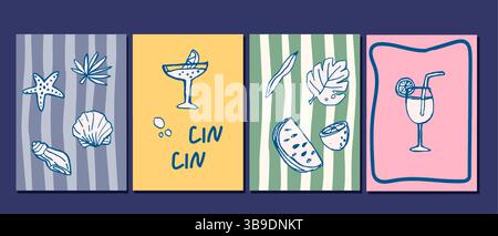 Playful beach and cocktail illustrations with nautical themes and refreshing drinks. dolce vita summer doodle vector illustration. Italian style. Stock Vector