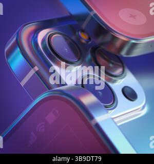 The Modern Iridescent Smartphone Camera Module With Three Lens. Macro View With Selective Focus, 3d Render Stock Photo