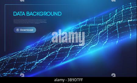 Futuristic data background with glowing blue digital wave, abstract technology grid, and cyber network visualization on dark space. High-tech Stock Vector