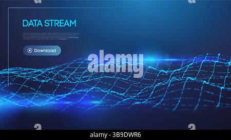 Futuristic data stream with glowing blue digital wave, abstract cyber network, and technology grid on dark background. AI-powered big data Stock Vector