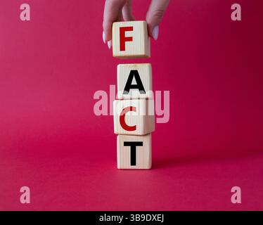 Fact symbol. Concept word Fact on wooden cubes. Businessman hand. Beautiful red background. Business and Fact concept. Copy space. Stock Photo