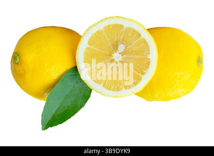 Side view of two fresh ripe yellow lemon fruits with a half and green leaf is isolated on white background with clipping path. Stock Photo
