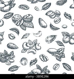 Vector seamless pattern with mixed nuts. Hand drawn sketch illustration. Food vegetarian organic products. Fabric design, wrapping paper, textile prin Stock Vector