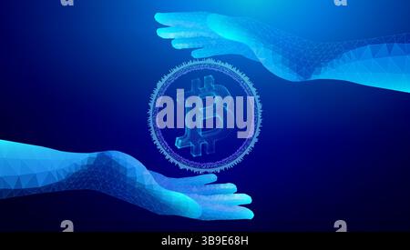 Digital polygonal hands transferring glowing Bitcoin icon in virtual blue space with futuristic wireframe style Stock Vector