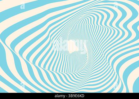 Abstract optical illusion background with blue and beige wavy lines creating a dynamic vortex effect. Psychedelic pattern with distorted curved stripe Stock Vector