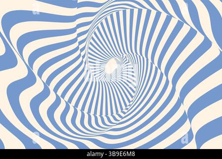 Abstract optical illusion background with blue and beige wavy lines creating a dynamic vortex effect. Psychedelic pattern with distorted curved stripe Stock Vector