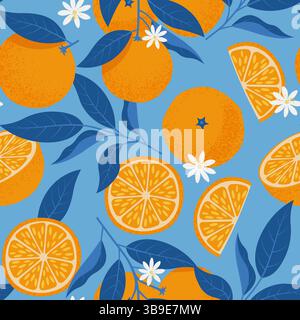 Oranges Seamless Pattern in Mediterranean style. Vector illustration in hand-drawn flat style Stock Vector