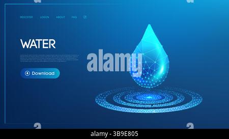 A glowing polygonal digital water drop surrounded by concentric circular patterns, set against a gradient blue background. This design represents wate Stock Vector