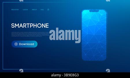 A 3D low-poly smartphone design with geometric precision, rendered on a sleek blue gradient background. Stock Vector