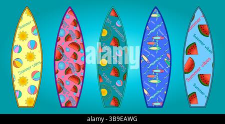 Summer vector surfboard set with tropical fruit watermelons, sun and beach balls, and surfs on waves on blue gradient background. Ideal for summertime Stock Vector