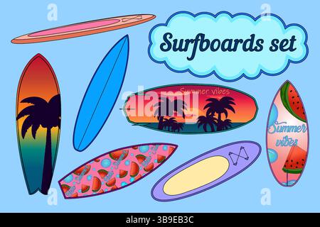Colorful summer surfboard set with tropical sunset, watermelon patterns, palm trees silhouettes and beach illustrations on a blue background. For summ Stock Vector