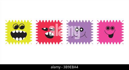Playful Vector Design of Four Brightly Colored Square Monster Faces with Jagged Outlines and Engaging Cartoon Expressions Stock Vector