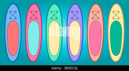Colorful set of summer surfboard illustrations in various pastel and vibrant color combinations on a sea wave color gradient background. Ideal for sum Stock Vector