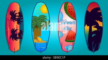 Summer vector surfboard set with tropical sunset, palm trees silhouettes, watermelon and beach themed patterns on a blue gradient background. For summ Stock Vector