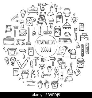 Hand drawn doodle Construction tools set. Illustration of building and renovation. House repair concept collection Stock Vector
