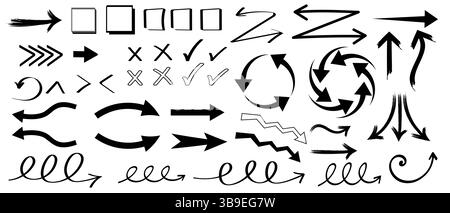 Collection of arrows and drawings in black and white  - illustration, vector Stock Vector