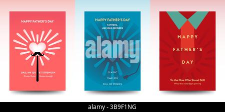 Set of Father’s Day posters with heart, burst, and shirt graphic themes. Perfect for print cards, social media, or campaigns. Stock Vector