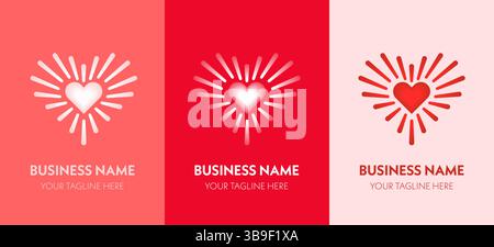 A collection of heart-based logo designs with radiant burst lines. Ideal for wellness, charity, or romantic branding themes. Stock Vector