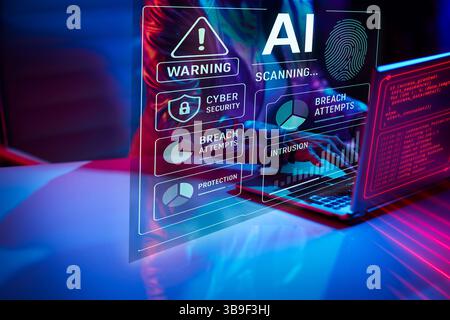 Neon metaverse futuristic concept. Closeup on female with laptop in office. Stock Photo