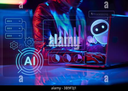 Neon metaverse futuristic concept. Closeup on woman using laptop in office. Stock Photo