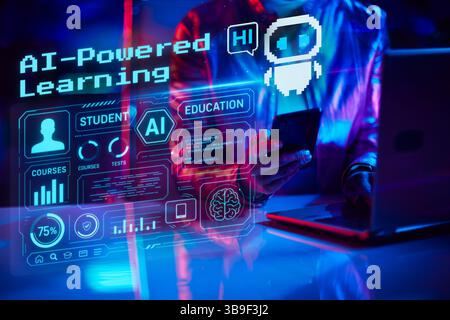 Neon metaverse futuristic concept. Closeup on woman with laptop using smartphone applications in office. Stock Photo