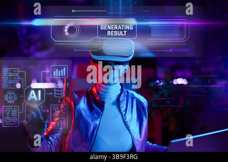 Neon metaverse futuristic concept. trendy business woman in virtual reality goggles in digital cyber world in modern office. Stock Photo