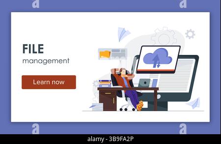 File management concept workspace scene. Vector illustration Stock Vector