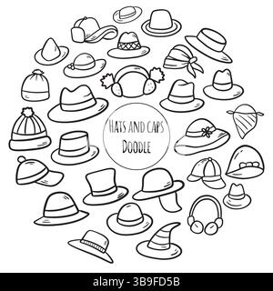 Hats and caps doodle illustration. Thin line art about clothes. Stock Vector