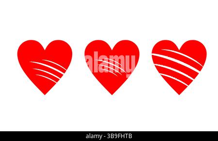 Set of scratch red hearts icon, broken heart, breakup, divorce concept Stock Vector
