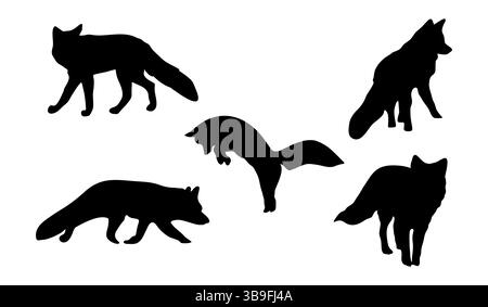 Set of silhouettes of a fox in different poses. Stock Vector