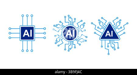 Ai chip set icons, artificial intelligence circuit illustration blue collection with square, circle, triangle shape. Stock Vector
