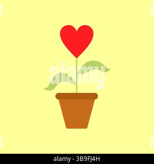 Minimalist illustration of a red heart growing from a flowerpot with green leaves, symbolizing love, care, and emotional growth. Stock Vector