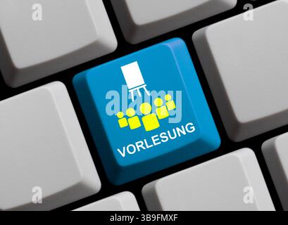 Blue keyboard with students showing digital or asynchronous lecture online Stock Photo