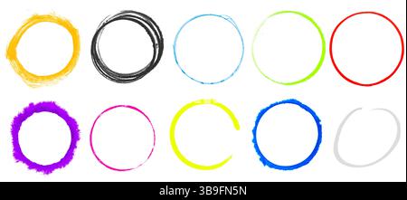 10 hand-painted colourful circles as a border Stock Photo