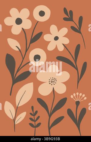 A vintage-style floral illustration featuring simple flowers and leaves in earthy tones on a warm orange background. Ideal for design, decor, and arti Stock Photo