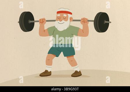 Illustration of an elderly man with a beard and headband lifting a barbell. Depicts strength, fitness, and healthy aging. The scene is lively and moti Stock Photo