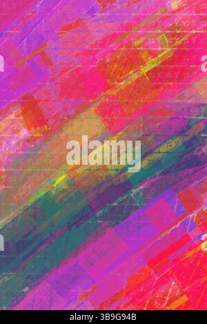 A vibrant abstract artwork featuring a blend of colorful geometric shapes layered with textures. Striking pinks, purples, and greens create a dynamic Stock Photo
