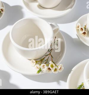 From above a collection of pristine white cups arranged with delicate spring blossom branches on a sunlit surface, showcasing a minimalist aesthetic. Stock Photo