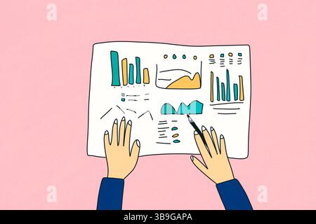 Illustration of hands analyzing colorful graphs and charts on paper with a pink background. This hand-drawn style image represents data analysis and c Stock Photo