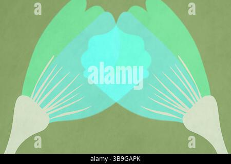 The image features an abstract, symmetrical illustration of two overlapping green botanical elements with delicate white outlines, set against a green Stock Photo