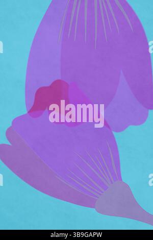 A contemporary illustration featuring overlapping abstract floral shapes in a palette of deep purple and vivid pink set against a soft blue background Stock Photo
