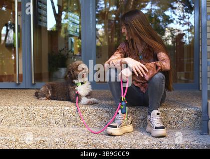 A young woman with long hair sits on steps outside, holding a happy dog on a pink leash. They enjoy a sunny day, surrounded by reflections in glass do Stock Photo
