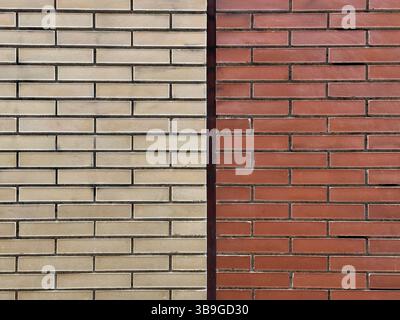 A close-up view of two contrasting brick walls, one beige and one red, highlighting differences in color and texture, creating a visually appealing pa Stock Photo