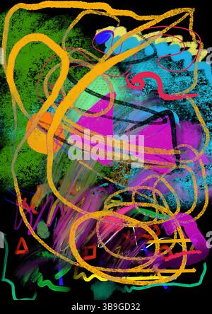A vibrant and dynamic abstract composition featuring bold, swirling lines and geometric shapes in vivid colors against a dark background, creating a s Stock Photo